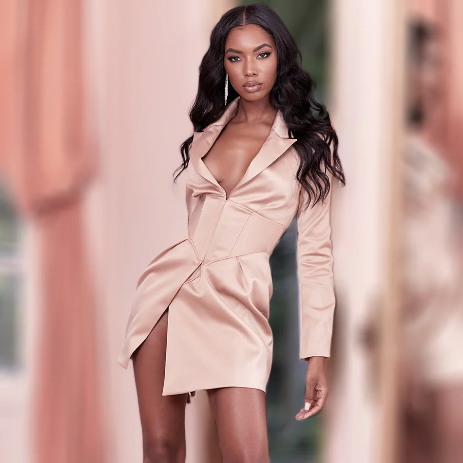 Stylish Satin Boned Corset Tux Cut Blazer Dress With Plunge V Lapel  Neckline Long Sleeve Bodycon Mini Clubwear - AliExpress 200000345