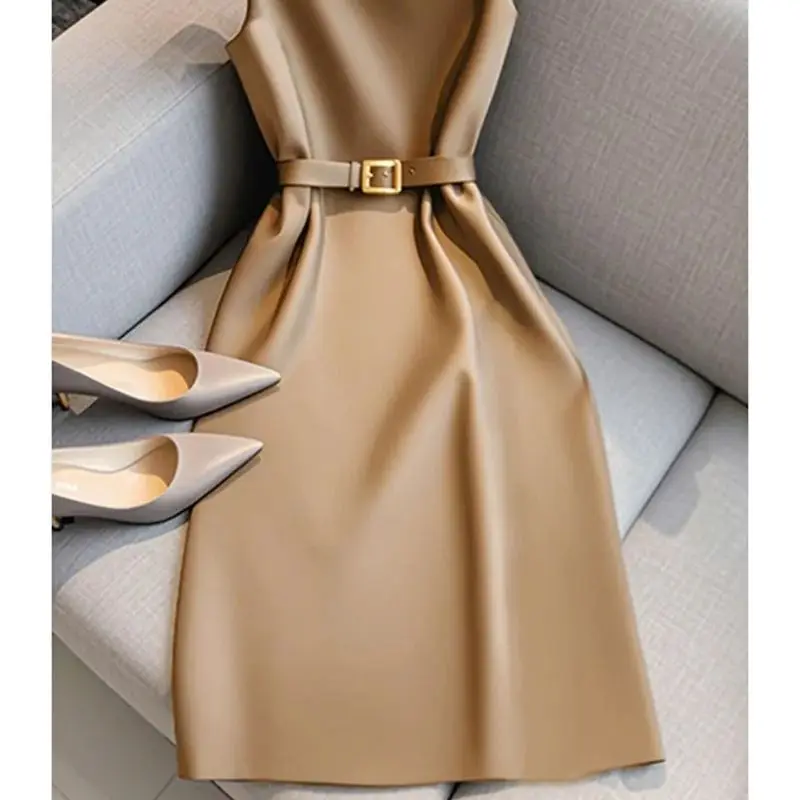 Elegant Women\'s Formal Dress With Belt Summer New Fashion Solid Color O-Neck Sleeveless High Waist OL Midi Party Vestidos