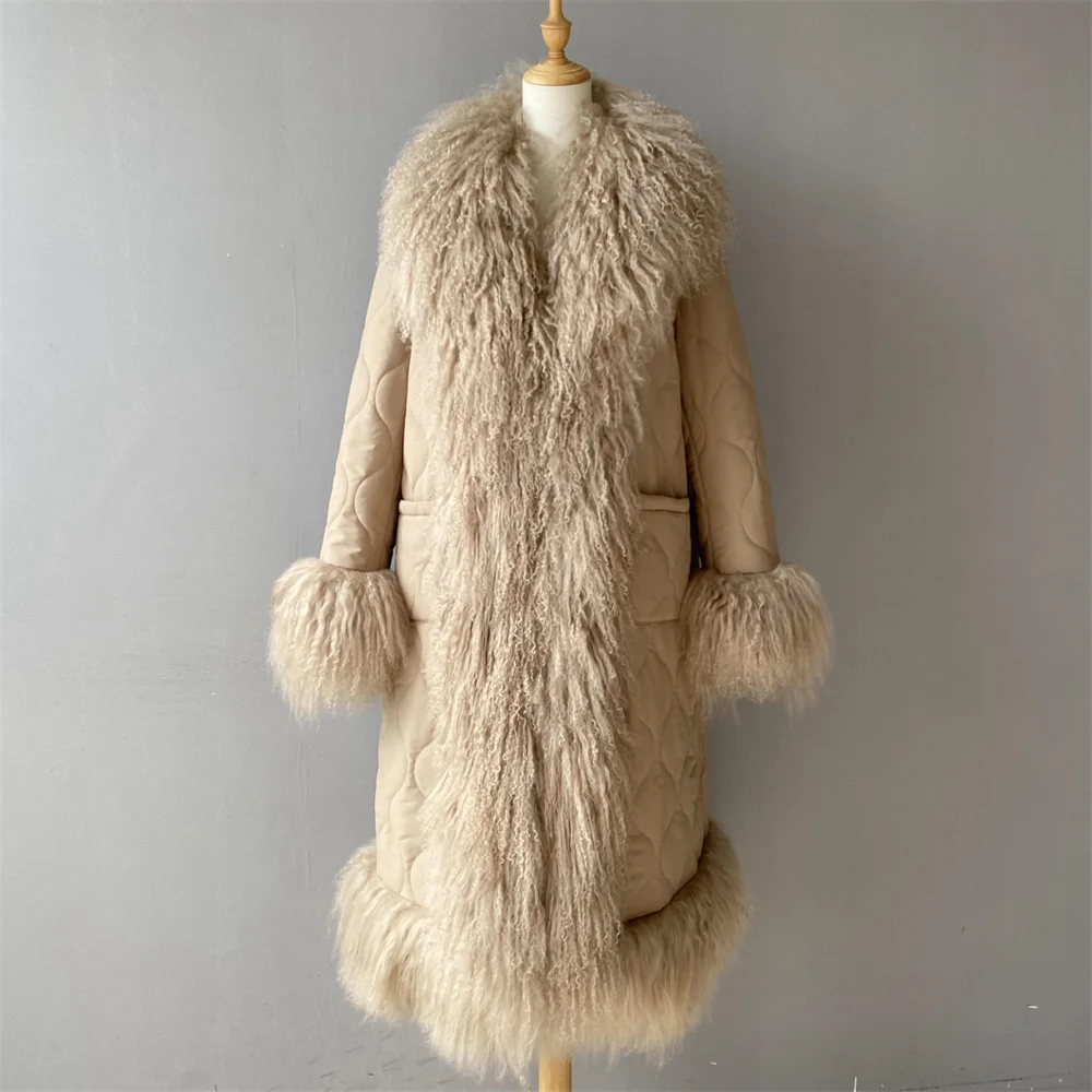 Jaxmonoy casaco longo feminino real mongol pele de ovelha guarnição casacos de inverno senhoras casaco quente moda outerwear feminino nova chegada