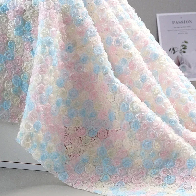 カラフルな3dフラワー刺繍リボン生地、中空のバラと牡丹の花柄シフォンメッシュレース、ウェディングドレスdiy縫製材料