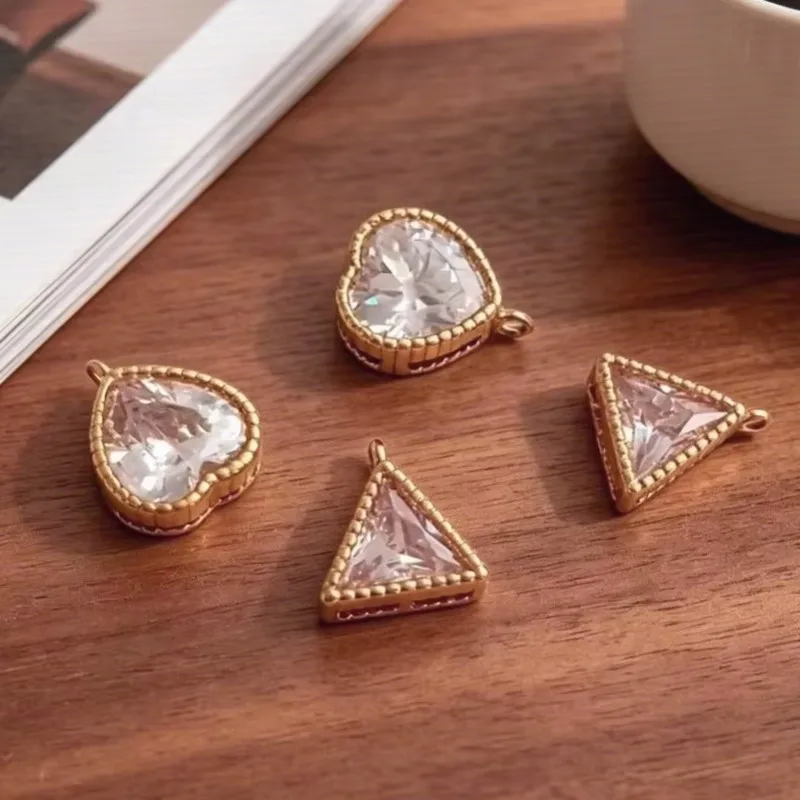 Brass 14K Real Gold Plated Micro Pave CZ Zircon Heart Triangle Loop Spacer Charms for DIY Bracelet Necklace Beading Craft Findin