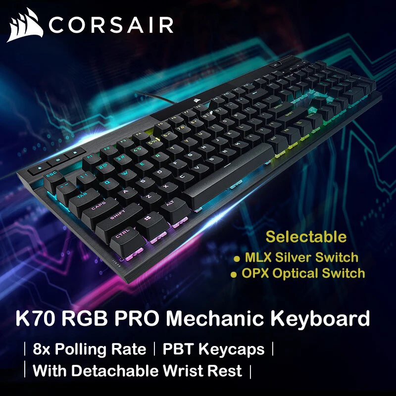 Corsair K70 RGB PRO Wired Mechanical Gaming Keyboard, OPX/MLX Switches 8000Hz Polling Rate, Full Size Aluminium Frame for PC