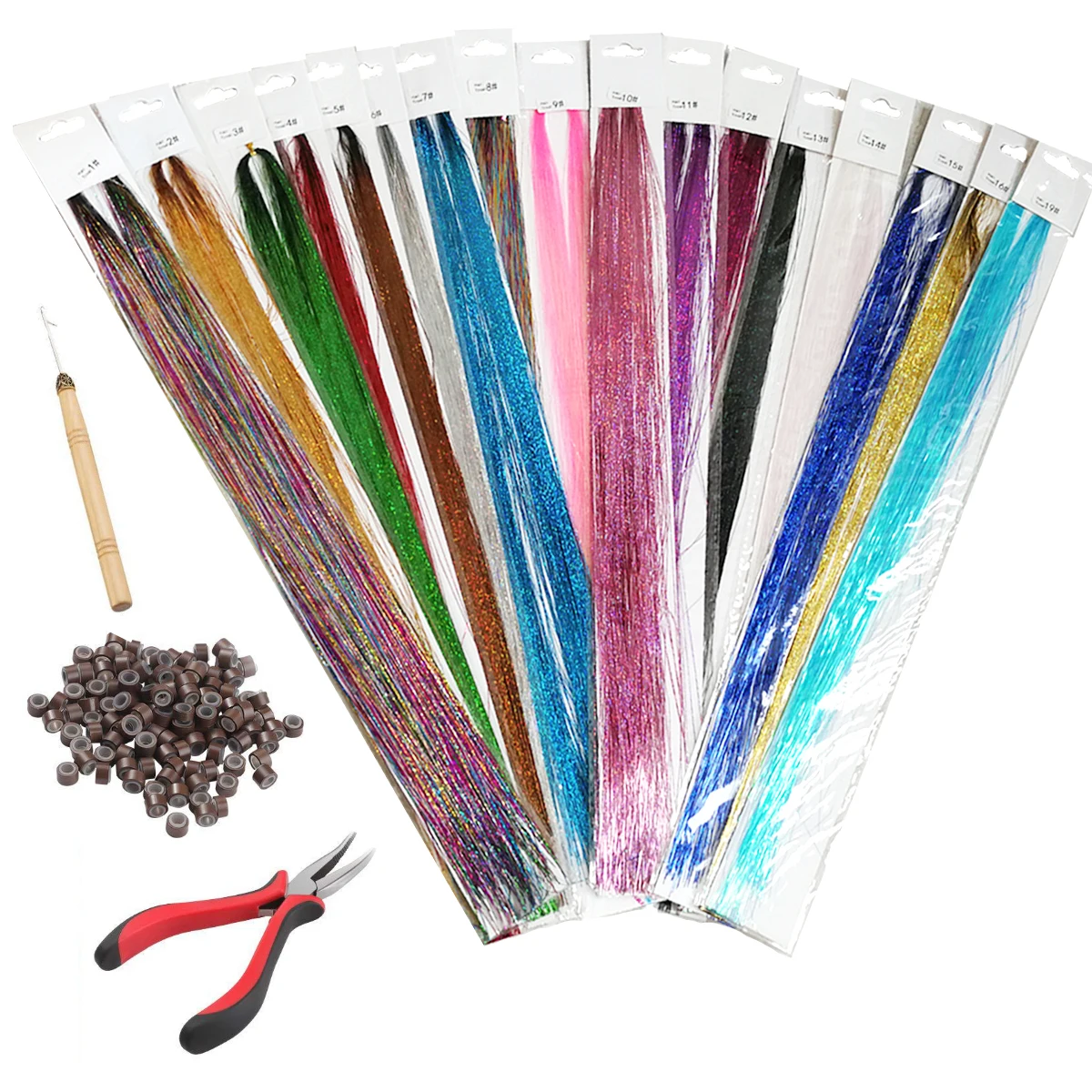 

17PCS 90cm Random Color synthetic Rainbow Sparkle Hair Tinsel Laser False Hair Extensions Decor Glitter Strips With Tools
