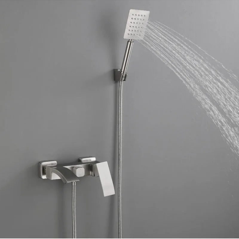 

304 Stainless Steel Bathroom Shower Faucet Set Wall Mount Waterfall Bathroom Bathtub Faucet Set Handheld Shower Head Nickel