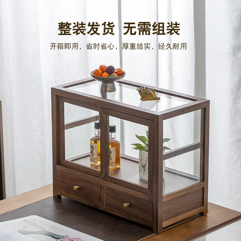 Walnut solid wood set storage cabinet glass teacup teapot tea ceremony accessories display cabinet tea room set rack
