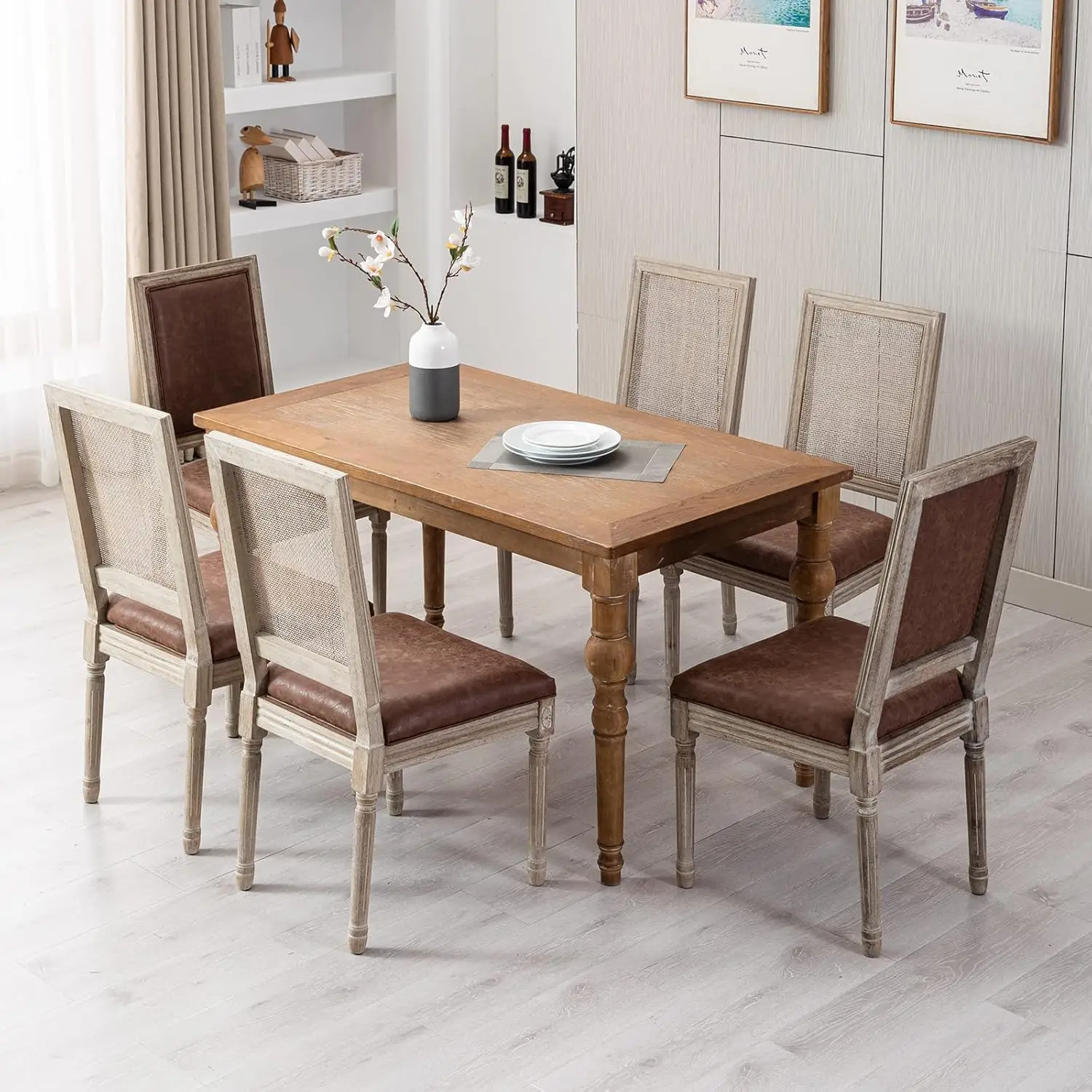 Farmhouse Leather Dining Chairs Set Of 6 Kitchen & Dining Room Chairs With Rattan Back, Armless Upholstered Cane Kitchen Chairs