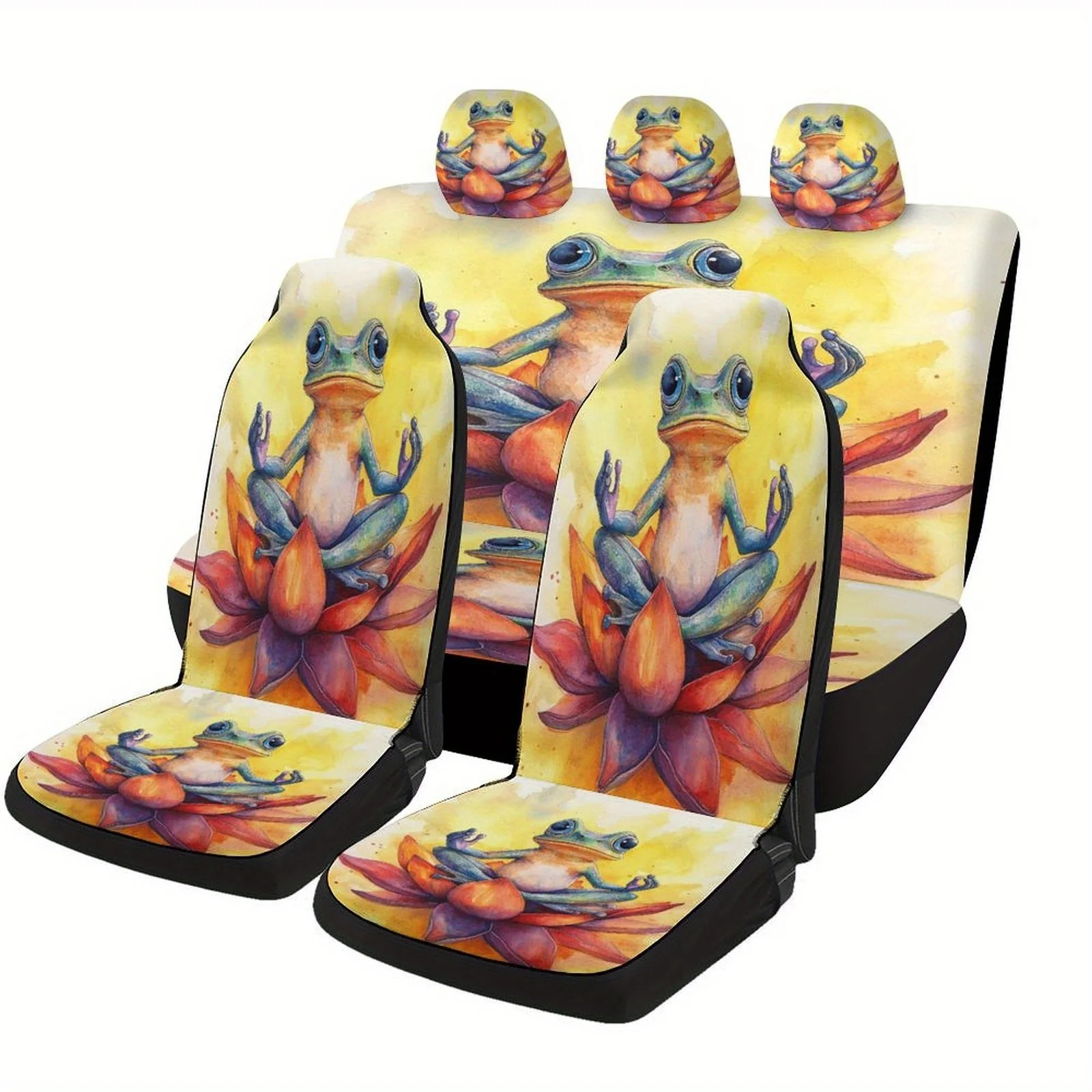 Car Seat Cover Set Featuring A Meditating Frog On A For Lotus, Designed For Various Vehicles. Stylish And Personalized, These Co