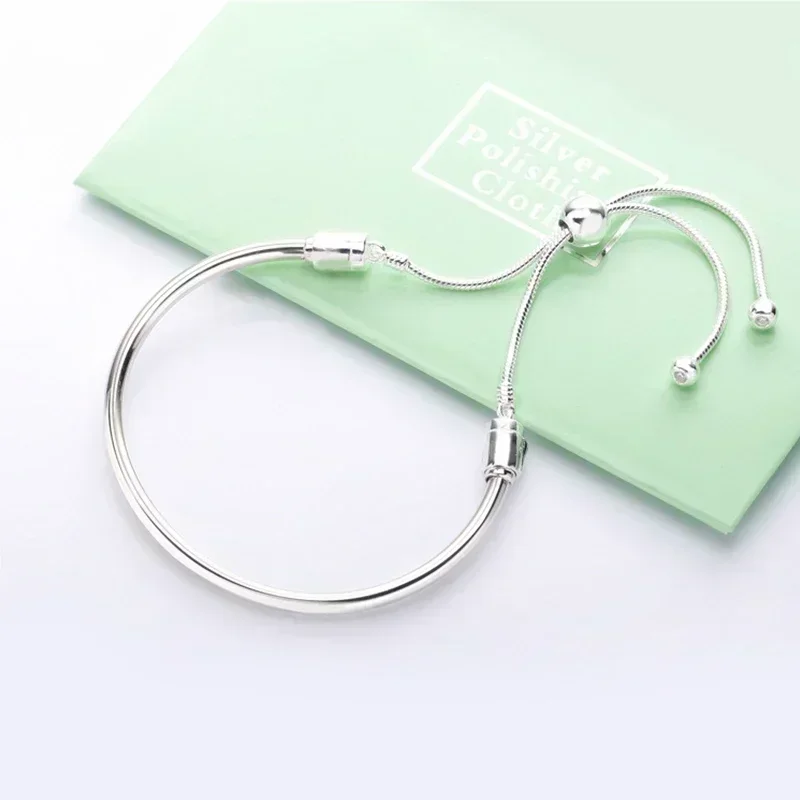 New 100% 925 Sterling Silver pretty Sliding Bangle Bracelet Bangle Fit Europe Women Fashion DIY Charm Bead Jewelry Gift