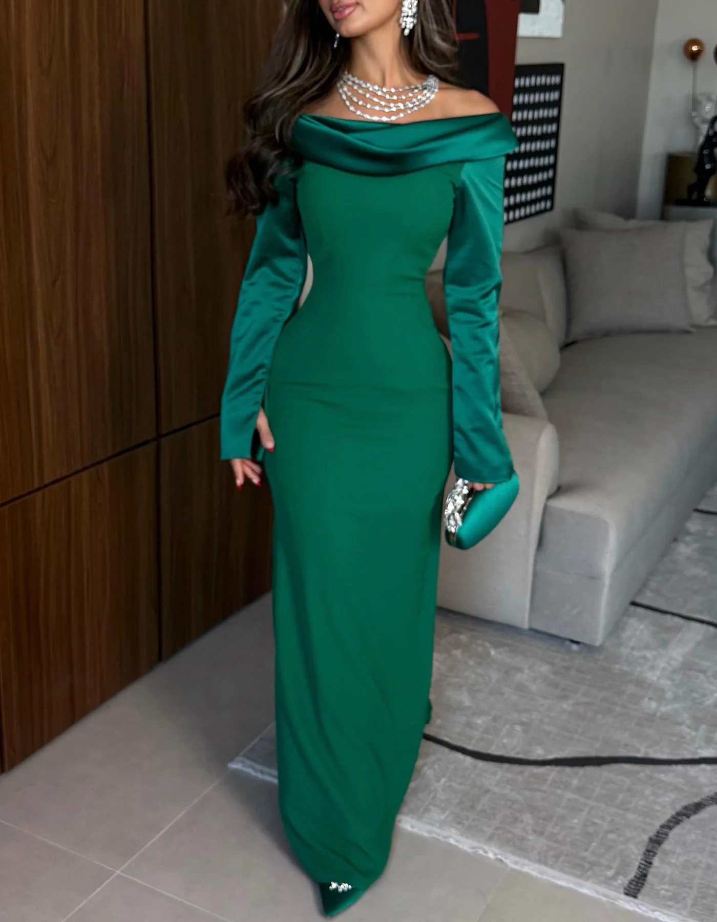Pretty Dark Green Off Shoulder Mermaid Long Sleeves Evening Dresses Elegant Cowl Neck Prom Dresses Wedding Guest Customized