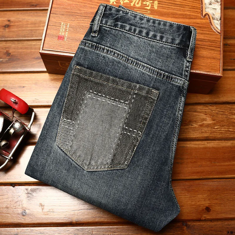 High-end trendy Korean style jeans men's stitching design slim fit skinny stretch youth street retro smart trousers