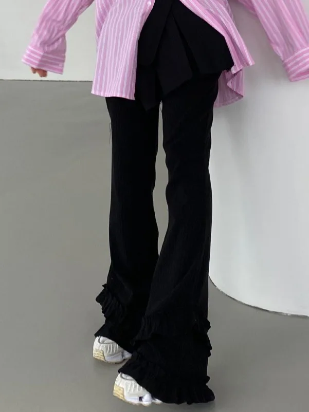 Primavera 2025 Dongda Gate Pantaloni a campana slim fit da donna Pantaloni lunghi in pizzo floreale micro svasato elastico in puro colore