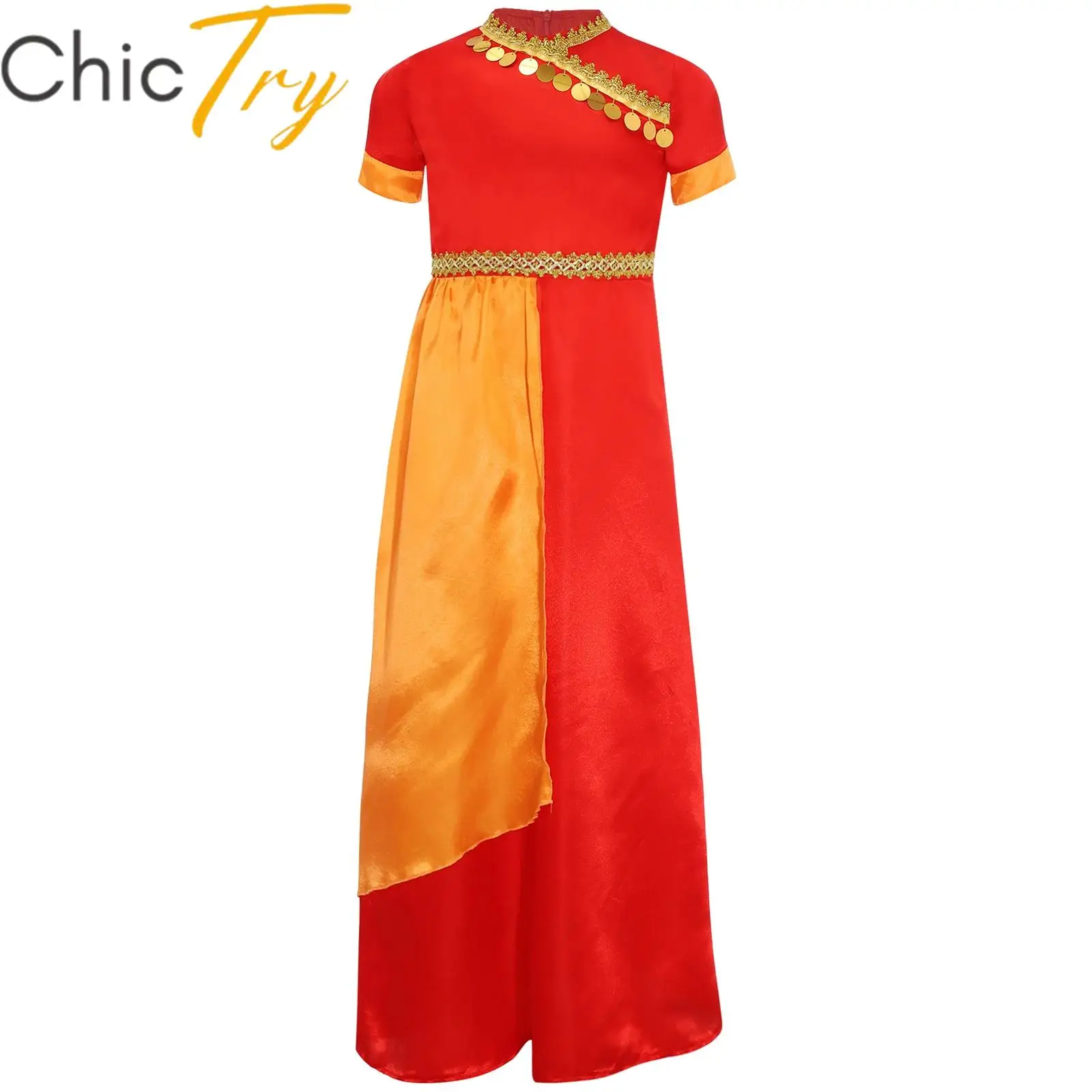 

Fancy Dresses Saree Indian State Dance Costume for Girls Short Sleeve Gold Trim Gold Circles Color Contrast Carnival Dress Up