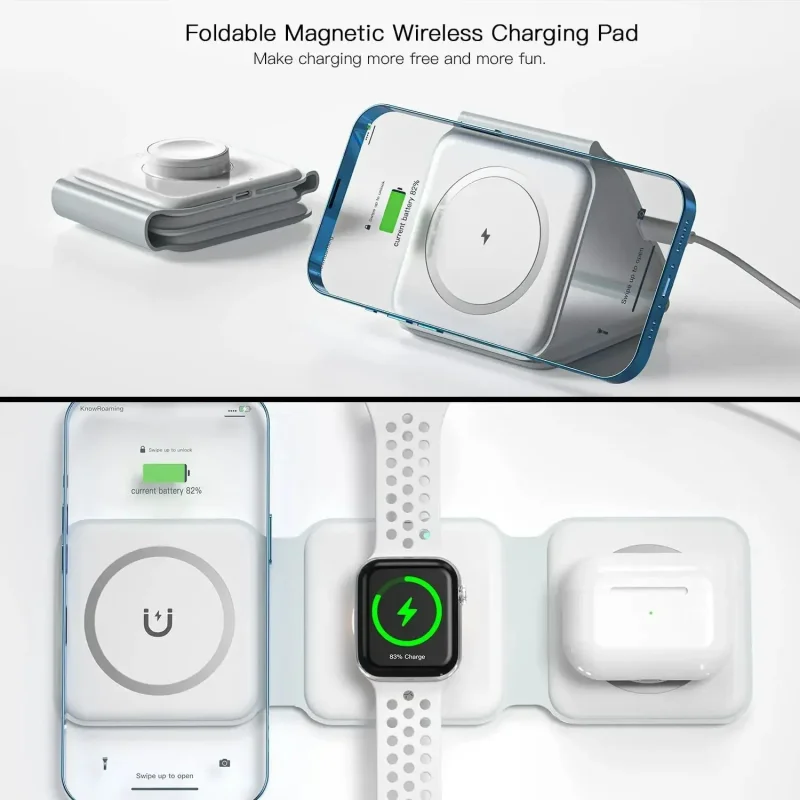 3 في 1 وسادة شاحن لاسلكية مغناطيسية قاعدة شحن سريعة لهاتف iPhone 17 16 15 14 13 Pro Max Apple Watch 9 8 AirPods محطة شحن