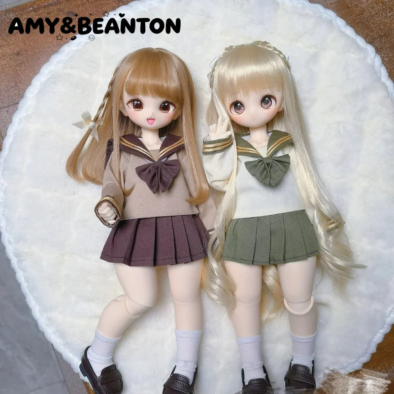 BJD 1/6 Doll Clothes Sailor Collar Uniform Outfit Handmade Cute Preppy Style Top And Pleated Skirt Set For 1/6 BJD Doll Costume