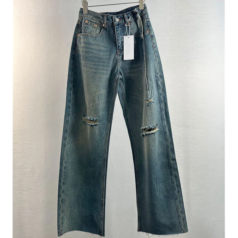 

Maxdutti Minimalist Washed Distressed Cotton Straight Jeans Women American Retro High Waist Loose Boyfriend Style Jeans Denim Pa