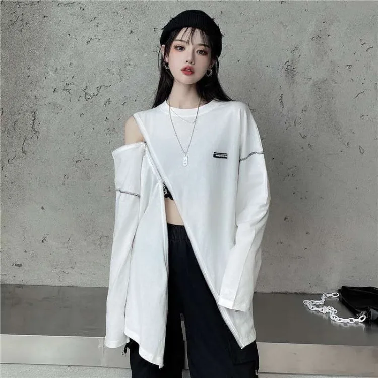 Y2K Techwear Zip Up T Shirts Women Harajuku Punk Off Shoulder Tee Loose O-neck Long Sleeve Sexy Tops Hip Hop Streetwear