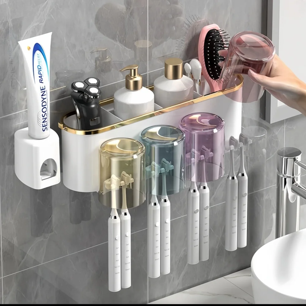 New Style Squeeze Toothbrush Holder Without Punching Mouthwash Cup Bathroom Wall-mounted Storage Box Toothbrush Set