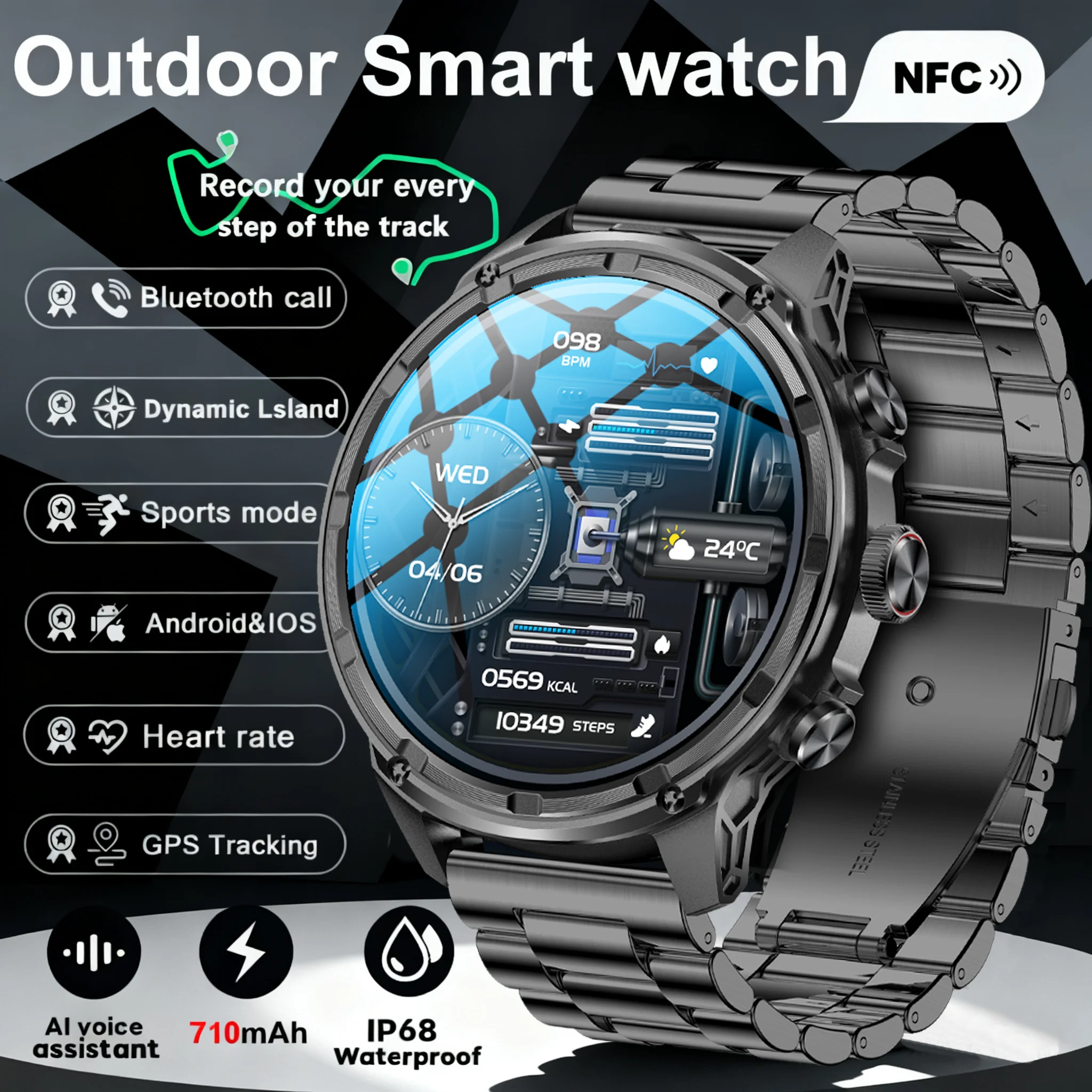 

2025 1.85-inch ultra-high-definition military-grade Bluetooth call, 710Mah large battery, 170+sports fitness tracking smartwatch