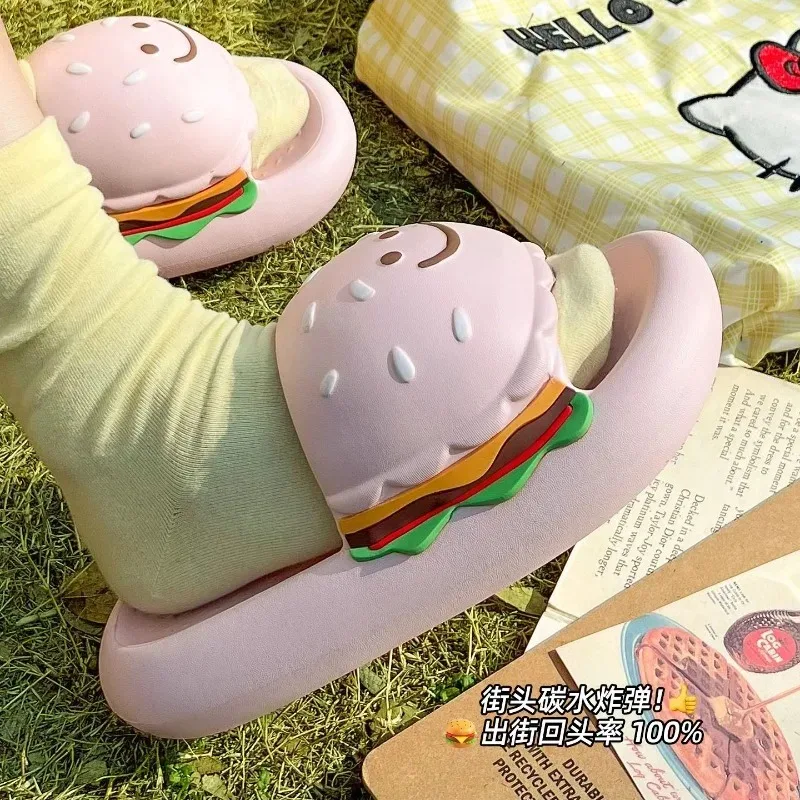 Creative Cartoon Burger Slides Women Men EVA Soft Slippers Summer Non Slip Bathroom Home Indoor Outdoor Beach Funny Food Sandals