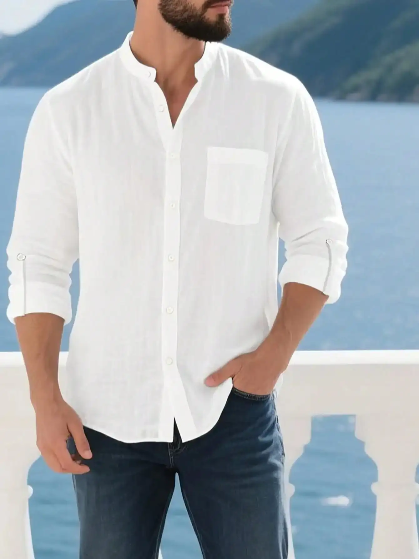 

Men's White Linen Button-Down Shirt with Roll-Up Sleeves, Casual Fit for Beach, Travel & Daily Wear