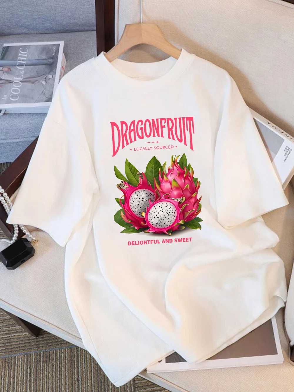100% Cotton Summer T-Shirts Womens Dragon Fruit Locally Sourced Prints Tops Soft Loose O-Neck Short Sleeve Holiday Woman Clothes
