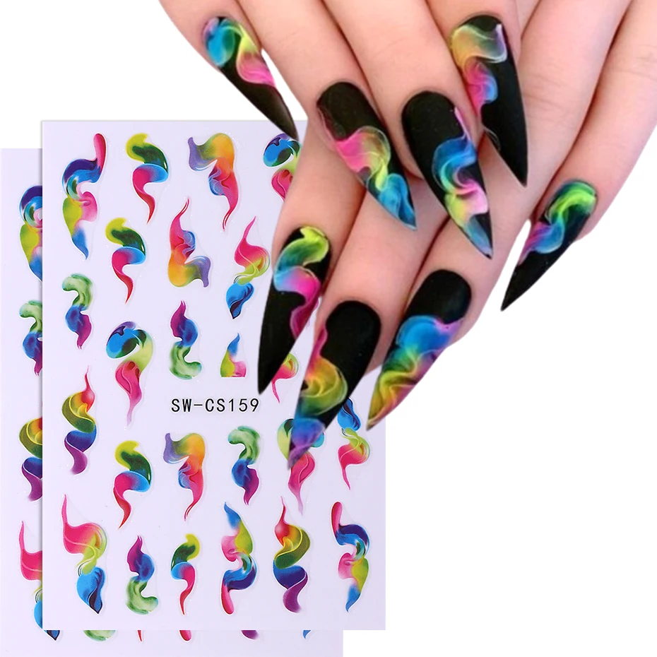 2pcs/set Ink Blooming 3D Nail Stickers Gradient Abstract Geometric Wave Line Smoke Stripe Nail Art Sliders Decal Manicure Decor