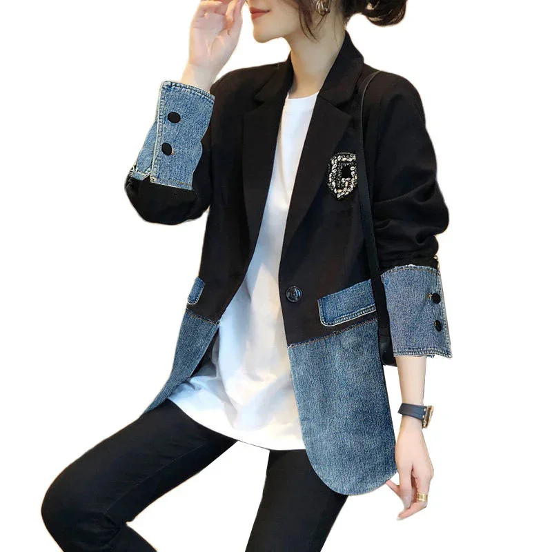 2024 New Autumn Denim Jacket Coat Women Fashion Stitching Denim Suit Outerwear Female Loose Jeans Jackets Ladies Coats Tpps