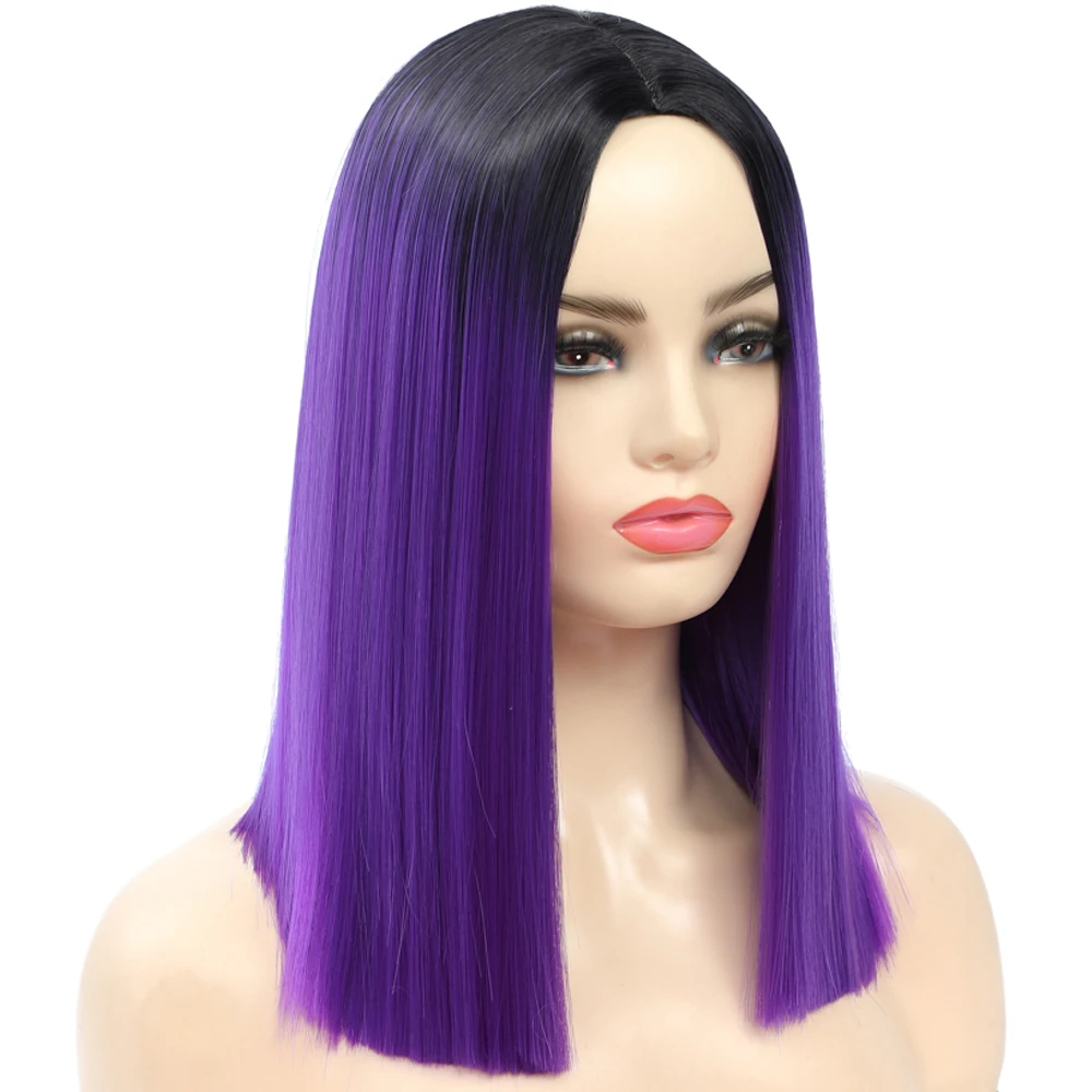 Ombre Wig Purple Short Straight Wigs Middle Part Shoulder Length Purple Dark Roots Natural Synthetic Wigs for Women Daily Party