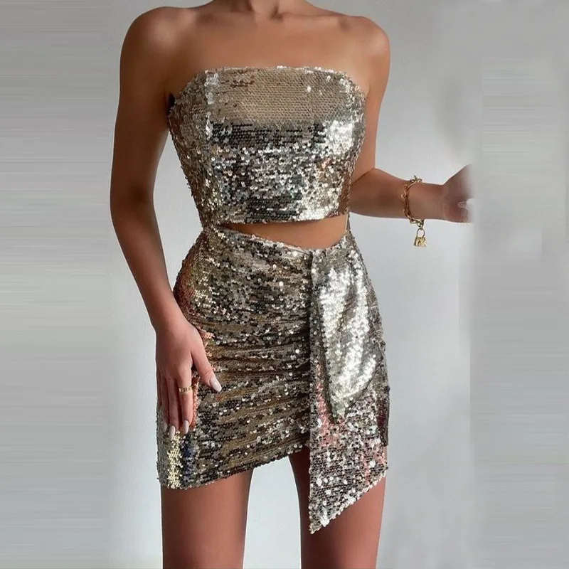 

Sexy Women Sequins Slim Sheath Party Dress Elegant Strapless Mini Cocktail Dresses Sexy Bodycon Hollow Out Female Robes Vestidos