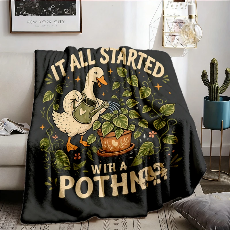 It All Started with A Pothos Flannel Blanket, Funny Plant Lover Flannel Throw, Goose Gardening Cozy Blanket