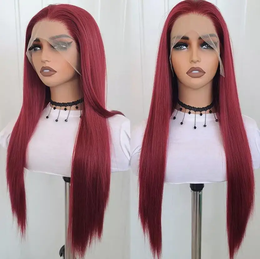 Long Straight Heat Resistant Synthetic Hair Natural Wine Red T Lace Front Wig