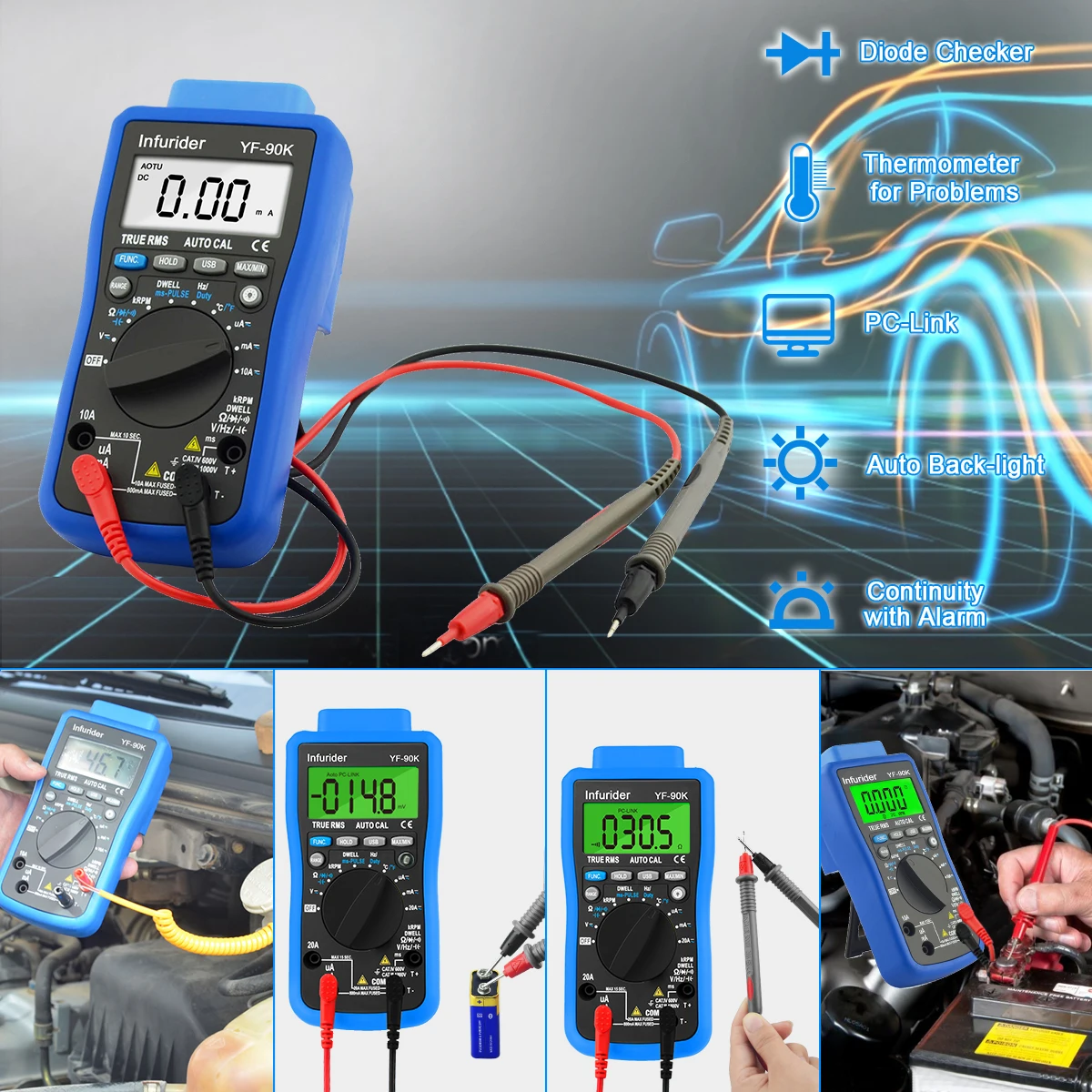 

15 Function Auto Multimeter Diagnostic Tool Duty Cycle Pulse Width RPM for Injector Ignition Engine Test Mechanic Electrician