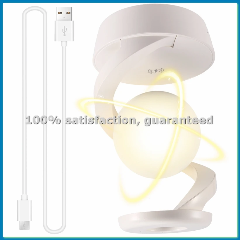 

LED 360° Rotating Night Light with Wireless Charger Cordless Desk Lamp Rechargeable LED Levitating Night Light White-A63M