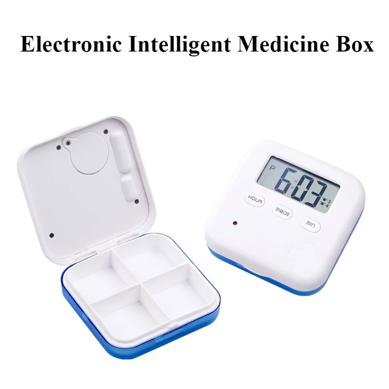 Electronic Reminder Pill Box Portable Mini Pill Box Timed Reminders 4 Compartments Pill Organizer with Timer Five-Group Alarm