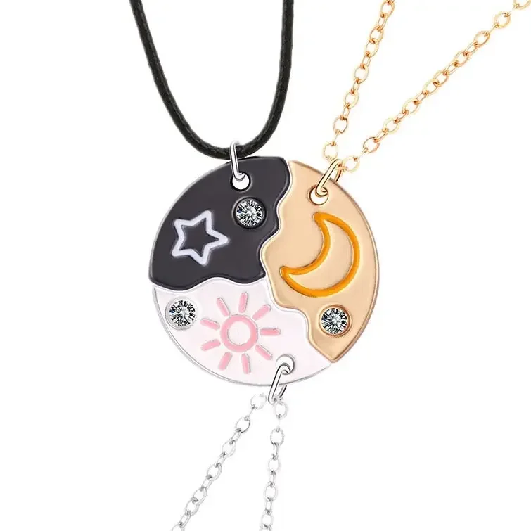 Set of 3 Round Rhinestone Star Moon Sun Friendship Necklaces BFF Best Friends Forever Fantasy Cute Pendant for Unbreakable Friendship