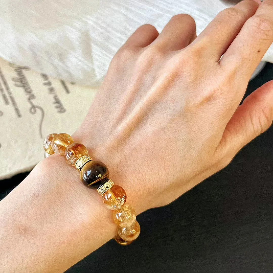 

Chinese Style Natural Citrine White Crystal 10MM Beads Bracelet Tiger Eye Stone Advanced Design Niche Atmosphere Luck HandString