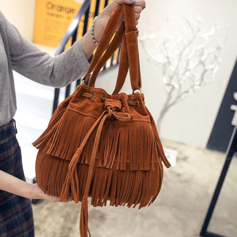 Retro Faux Suede Fringe Women Messenger Bags Tote New Handbag Tassel Shoulder Handbags Crossbody Bag Bucket