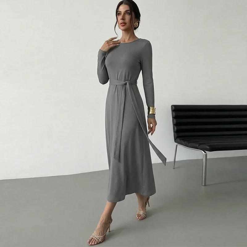 Women's Solid Color Crew Neck Long Sleeve Knitted A-Line Dress with Drawstring Stylish Elegant Slimming Versatile Casual Outfits