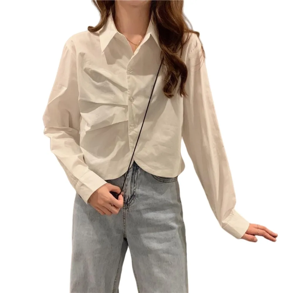 

Short Ruffle Long Sleeve Shirt V-neck Korean Style Women Stripes Blouse Half Circle Design Streetwear Long Sleeve Tops Women