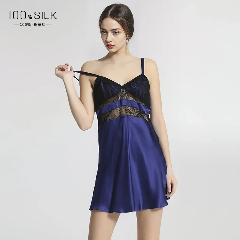 

100% Mulberry Silk Sexy Sheer Lace Nightgown Mini Dress Ladies Blue Sling Nightgowns Cross Back Chemise Nightdress Loungewear PJ