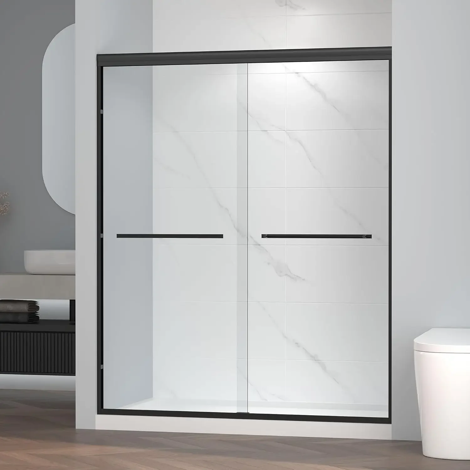 

56-60" W x 72" H Semi-Frameless Bypass Sliding Shower Door, Easy-to-Clean Treated Clear Tempered Glass, Matte Black