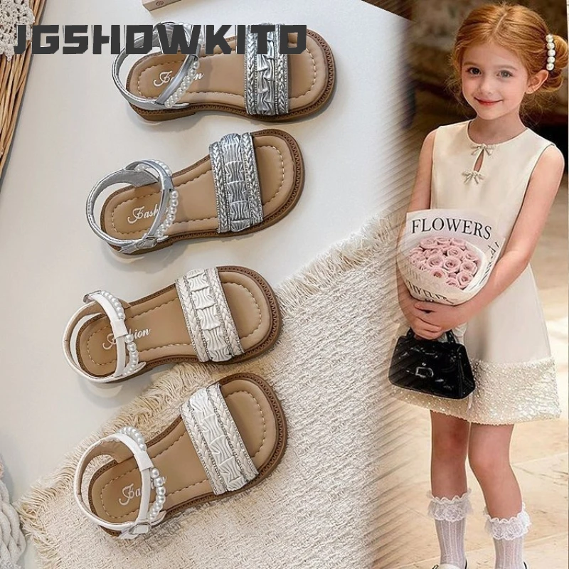 JGSHOWKITO Girls Fashion Sandals Summer Princess Pearl Toddler Woven Shoes Breathable Non-slip Kids Open-toe Sandals for Walking