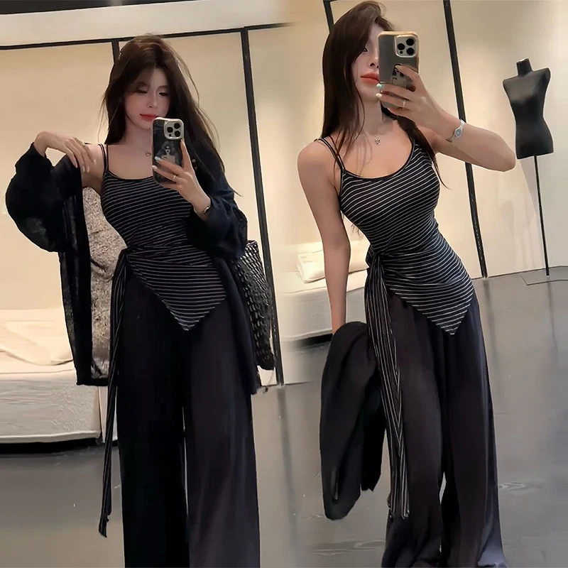 

Spicy Girl Fashion OOTD Spring Summer Women's Casual Three-Piece Set Inner Wear Cardigan Coat Leisure Pants for Office