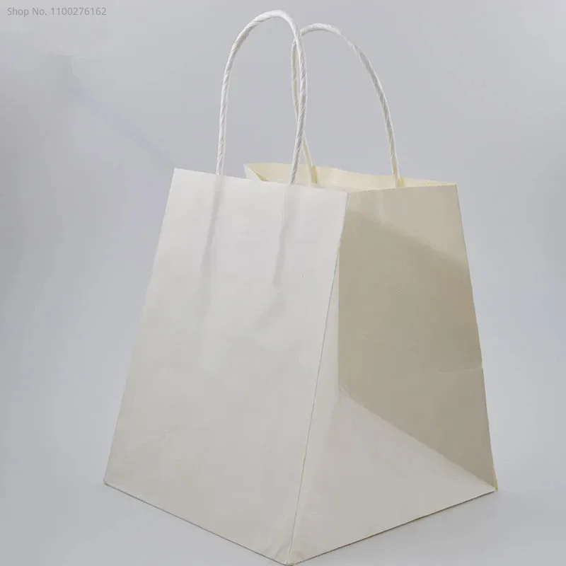 30pcs 150*150*170mm White/Natural Kraft Paper Square Bag Wide Bottom Takeout Packaging Pouch Food Packing Paper Bag with Handle