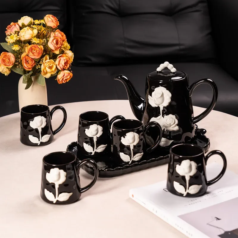 for High Value Black Ins Style Niche Hand Painted Ceramic Internet Celebrity New Water Cup Coffee Cup Saucer Set
