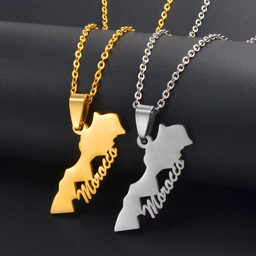 Anniyo Morocco Map Pendant Necklaces Ethnic Jewelry Stainless Steel Le Royaume du Maroc #313521