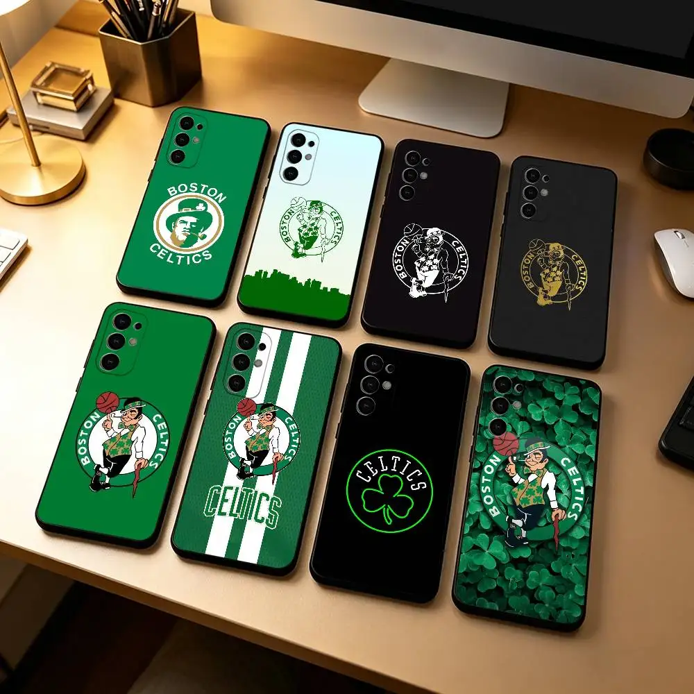Funda de Silicona Negra con Diseño de los Boston Celtics para Samsung S25, S24, S21, S22, S23, S30, Ultra, S20, Plus, Fe, Lite