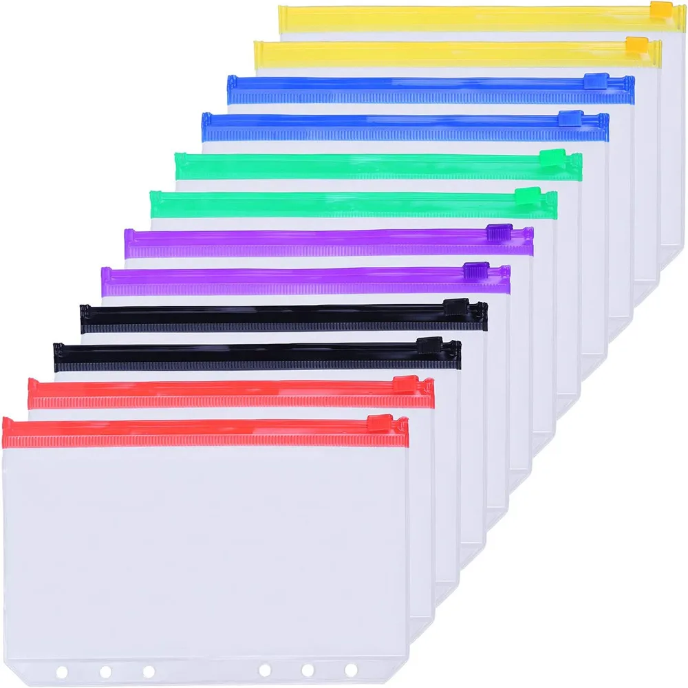 Binder Pocket A6 Multicolor Zipper Cash Envelope for 6 Ring Notebook Binder Program Waterproof PVC Document Bag 12pcs