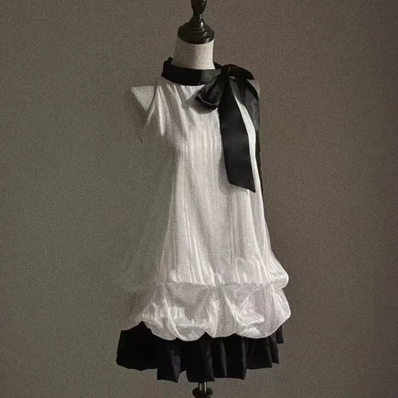 

Bowknot French Elegant Mini Dress Fake Two Spliced Lolita Dresses Sleeveless Halter Sweet Short Skirts Japanese Y2k Dress Girls