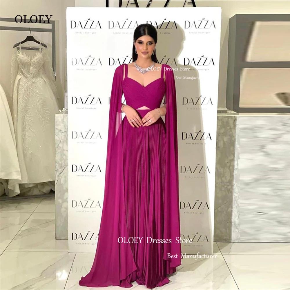 OLOEY Purple Draped Chiffon Kuwait Formal Evening Dresses Long Cape Sleeves Straps Saudi Arabic Women Prom Gowns Party Dress